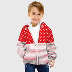 Куртка с капюшоном детская Красно-белый в горошек с полосами, цвет: 3D-белый — фото 2