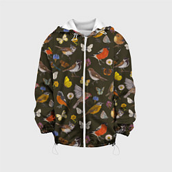 Куртка с капюшоном детская Птицы и бабочки с цветами паттерн, цвет: 3D-белый