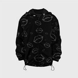 Куртка с капюшоном детская Паттерн серый контур губ на чёрном - lips black, цвет: 3D-черный