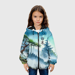 Куртка с капюшоном детская Японский пейзаж - акварель живопись, цвет: 3D-черный — фото 2