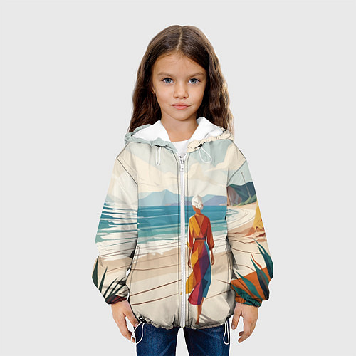 Детская куртка Летний пейзаж с женщиной на пляже / 3D-Белый – фото 3