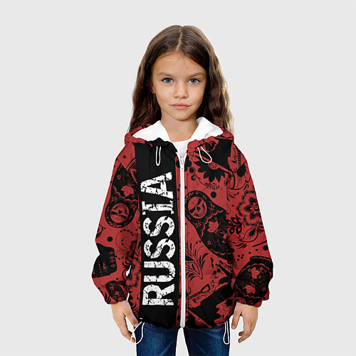 Детская куртка Россия на фоне матрёшек балалайки и славянских узо / 3D-Белый – фото 3