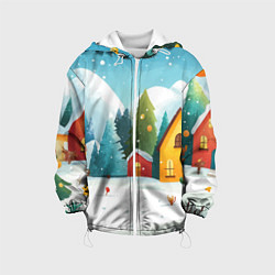 Куртка с капюшоном детская Новогодний городок иллюстрация, цвет: 3D-белый