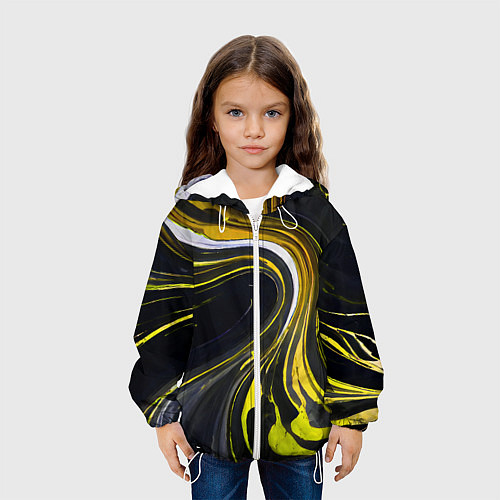 Детская куртка Волнистые бело-жёлтые линии на чёрном фоне / 3D-Белый – фото 3