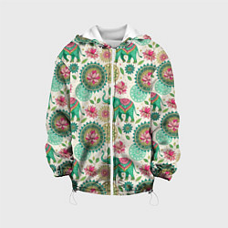 Куртка с капюшоном детская Слоны и мандалы паттерн в индийской стилистике, цвет: 3D-белый