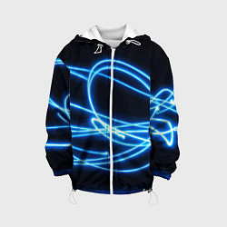 Куртка с капюшоном детская Неоновые голубые волны на черном фоне, цвет: 3D-белый