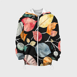 Куртка с капюшоном детская Разноцветные акварельные листья на чёрном, AI, цвет: 3D-белый