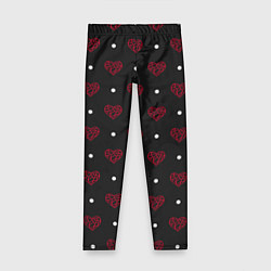 Леггинсы для девочки Красные сердечки и белые точки на черном, цвет: 3D-принт