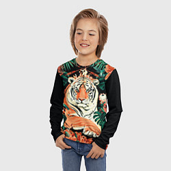 Лонгслив детский Огненный Тигр в Цветах, цвет: 3D-принт — фото 2
