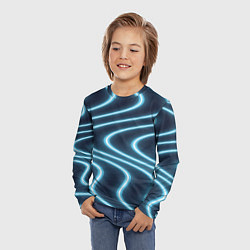 Лонгслив детский Неоновый свет Волны голубые на темном фоне, цвет: 3D-принт — фото 2