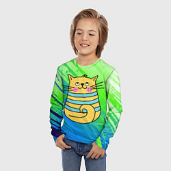 Лонгслив детский Желтый кот в зеленую полоску, цвет: 3D-принт — фото 2