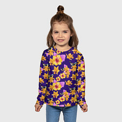 Лонгслив детский Цветы Оранжевые Ирисы и Гибискус На Синем Фоне, цвет: 3D-принт — фото 2