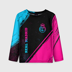 Детский лонгслив Real Madrid - neon gradient: символ и надпись верт