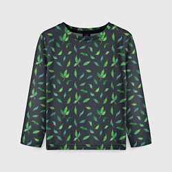 Лонгслив детский Зеленые листья и веточки на темном фоне, цвет: 3D-принт