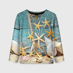 Лонгслив детский Натюрморт из сети, морских звёзд и ракушек - лето, цвет: 3D-принт