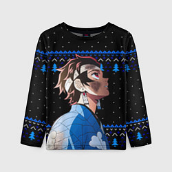 Лонгслив детский Танджиро Комадо - Новогодний паттерн, цвет: 3D-принт