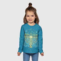 Лонгслив детский Золотая менора с синим цветочным орнаментом, цвет: 3D-принт — фото 2
