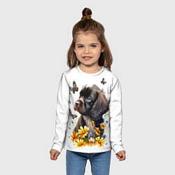 Лонгслив детский Черный щенок и жёлтые полевые цветы, цвет: 3D-принт — фото 2