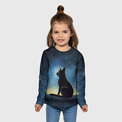 Лонгслив детский Черный кот и звезды - акварель, цвет: 3D-принт — фото 2