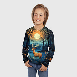 Лонгслив детский Олень в ночном лесу фолк-арт, цвет: 3D-принт — фото 2