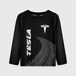 Лонгслив детский Tesla speed на темном фоне со следами шин вертикал, цвет: 3D-принт