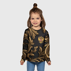 Лонгслив детский Золотой герб России и узоры из листьев, цвет: 3D-принт — фото 2