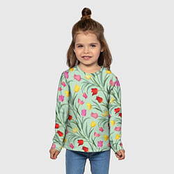 Лонгслив детский Тюльпаны цветочный паттерн на светло-зелёном фоне, цвет: 3D-принт — фото 2