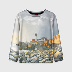 Лонгслив детский Маяк и камни на пляже - акварельный рисунок, цвет: 3D-принт