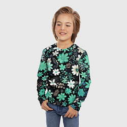 Лонгслив детский Чёрный в зелёный цветочек стилизованный, цвет: 3D-принт — фото 2