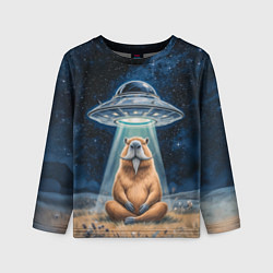 Лонгслив детский Нло похищает капибару сидящую в позе лотоса, цвет: 3D-принт