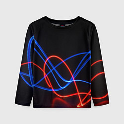 Детский лонгслив Красно синие неоновые линии на черном фоне