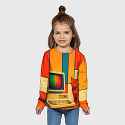 Лонгслив детский Кот и винтажный компьютер ретрофутуризм поп-арт 19, цвет: 3D-принт — фото 2