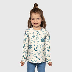 Лонгслив детский Морской паттерн из штурвалов, чаек и якорей, цвет: 3D-принт — фото 2