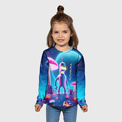 Лонгслив детский Робот-сгибальщик Бендер и неоновые грибы, цвет: 3D-принт — фото 2