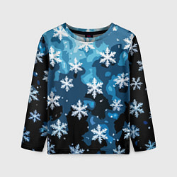 Лонгслив детский Стилизованный паттерн со снежинками тёмно-синий, цвет: 3D-принт