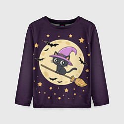 Лонгслив детский Хэллоуин, кот на метле, луна, цвет: 3D-принт
