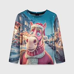 Лонгслив детский Лошадь на фоне новогодней улицы, цвет: 3D-принт