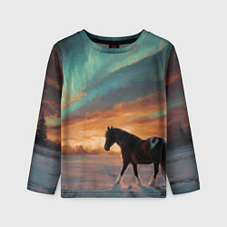Лонгслив детский Лошадь на фоне северного сиянми, цвет: 3D-принт