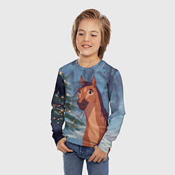 Лонгслив детский Лошадь на фоне новогодней елки, цвет: 3D-принт — фото 2