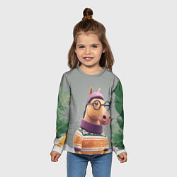 Лонгслив детский Новогодняя лошадка хипстер, цвет: 3D-принт — фото 2