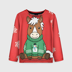 Лонгслив детский Новогодняя лошадка в зеленом свитере, цвет: 3D-принт