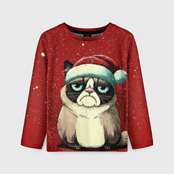 Детский лонгслив Грустный Новогодний мем котик