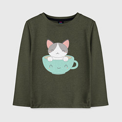 Лонгслив хлопковый детский Чайный котик, цвет: меланж-хаки