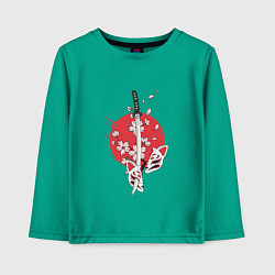 Лонгслив хлопковый детский Катана на фоне сакуры Z, цвет: зеленый