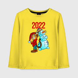 Лонгслив хлопковый детский Тигр и снеговик 2022, цвет: желтый
