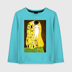 Лонгслив хлопковый детский Густав Климт влюблённые поцелуй с котом, цвет: бирюзовый