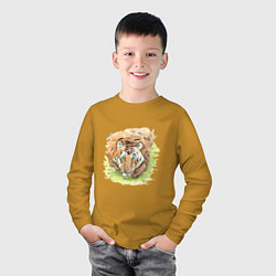 Лонгслив хлопковый детский Портрет тигра с зелёными глазами, цвет: горчичный — фото 2