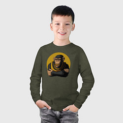 Лонгслив хлопковый детский Обезьяна с золотой цепью, цвет: меланж-хаки — фото 2