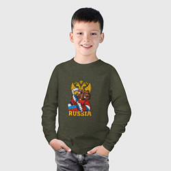 Лонгслив хлопковый детский Хоккей - Russia, цвет: меланж-хаки — фото 2