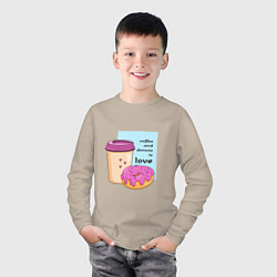 Лонгслив хлопковый детский Кофе и пончики - это любовь, цвет: миндальный — фото 2